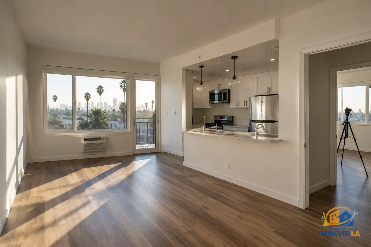 Vacant Los Angeles rental prepared for real estate photography with bright living room and kitchen