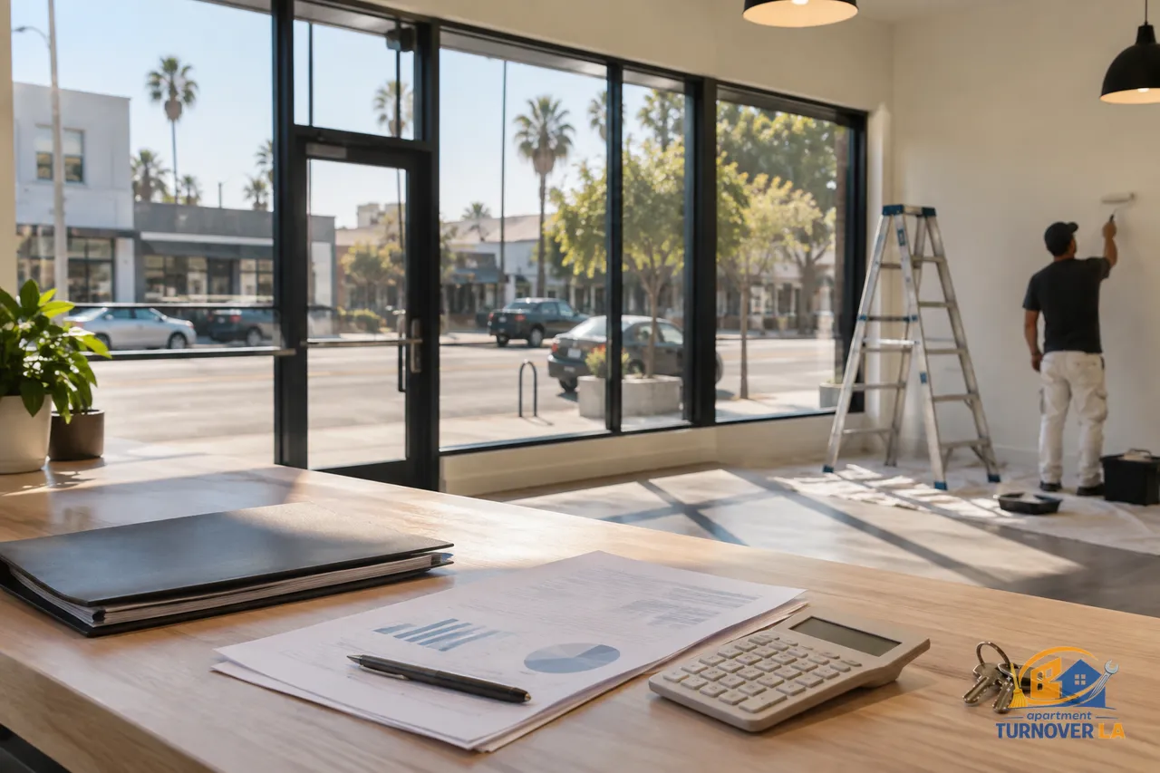Commercial lease paperwork and sales reports in a Los Angeles retail space for turnover rent