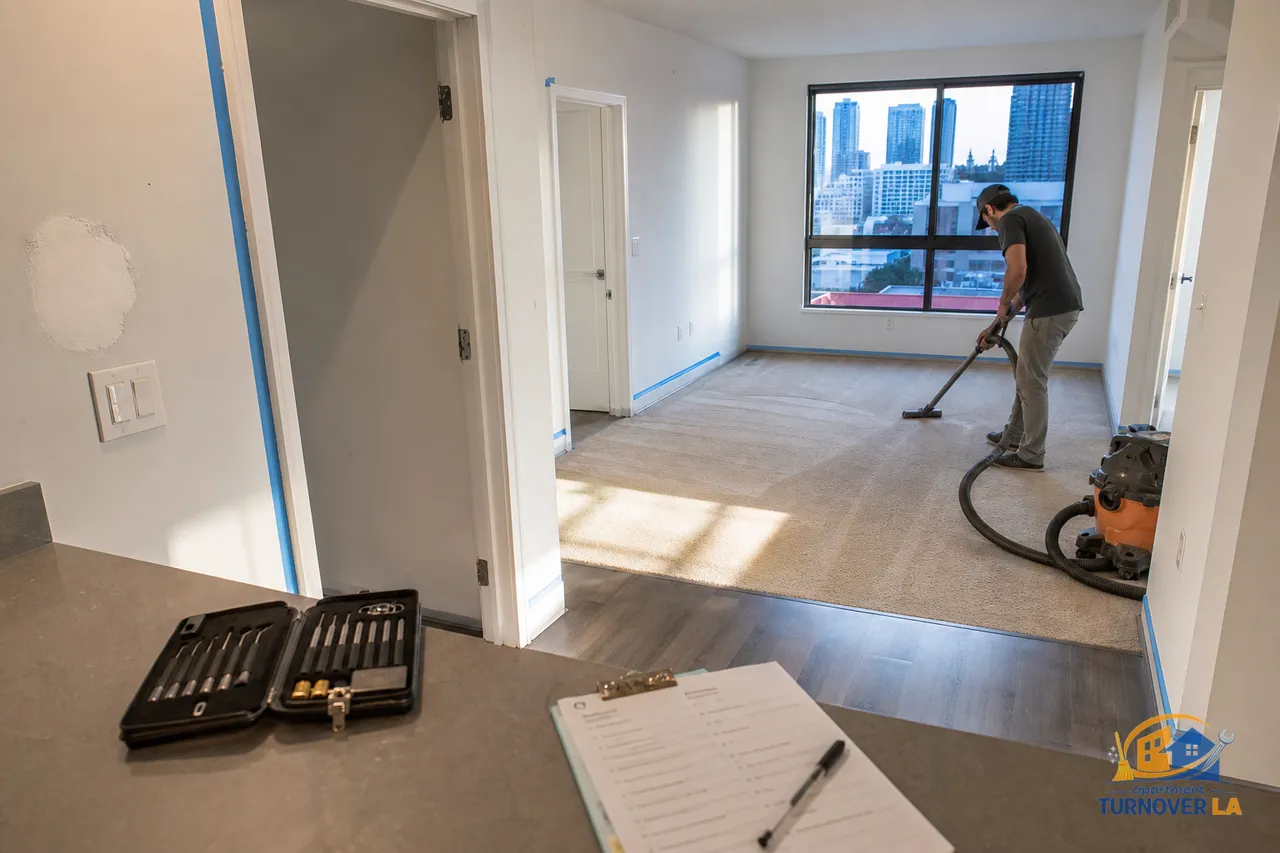 Empty LA apartment during make ready with paint touch-up, patchwork, and a punch list in a Koreatown mid-rise