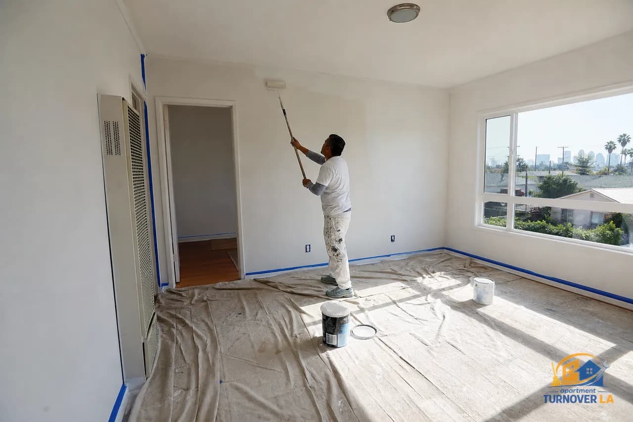 Los Angeles apartment interior repaint in progress with roller, taped baseboards, drop cloths, and eggshell walls