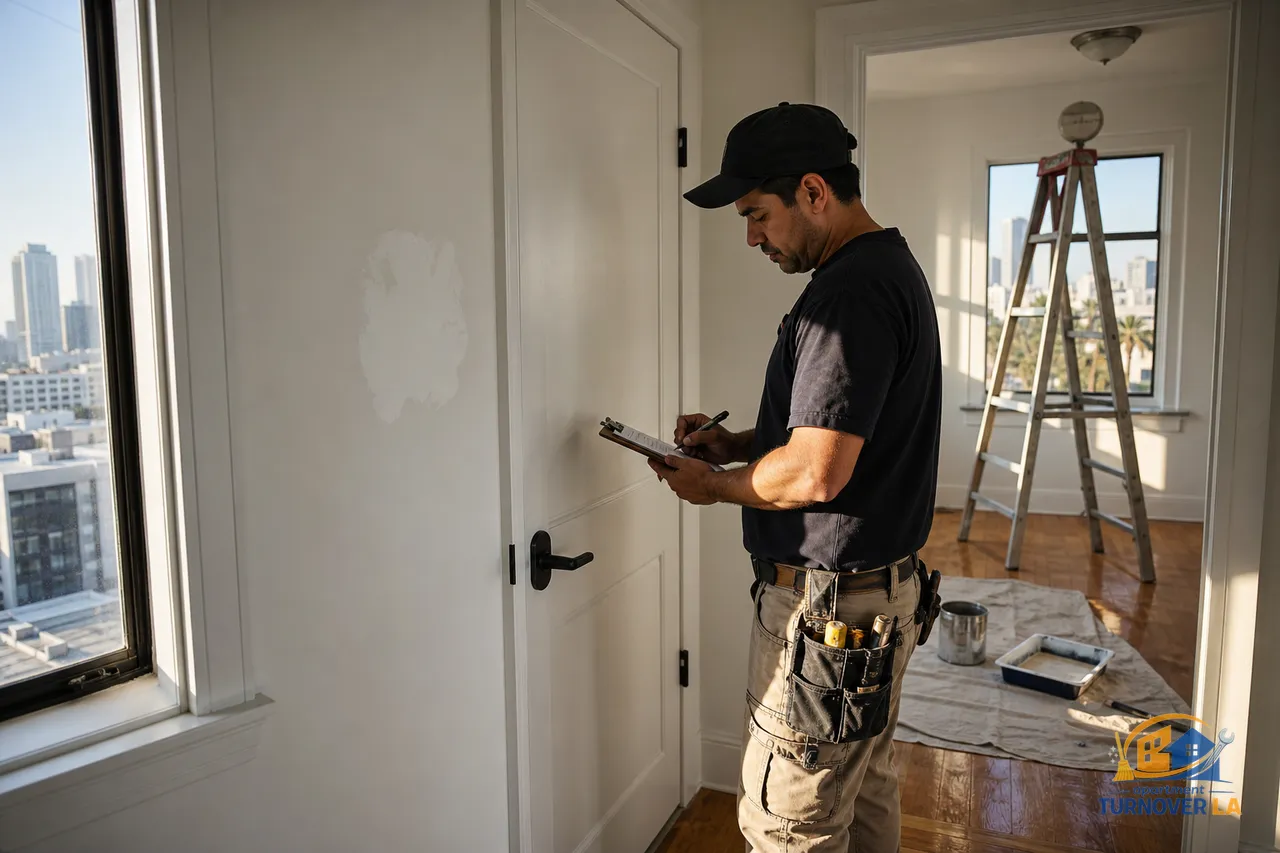 Handyman finishing an LA apartment punch list in Koreatown with drywall patch, new door handle, and paint touch-up ready for rent