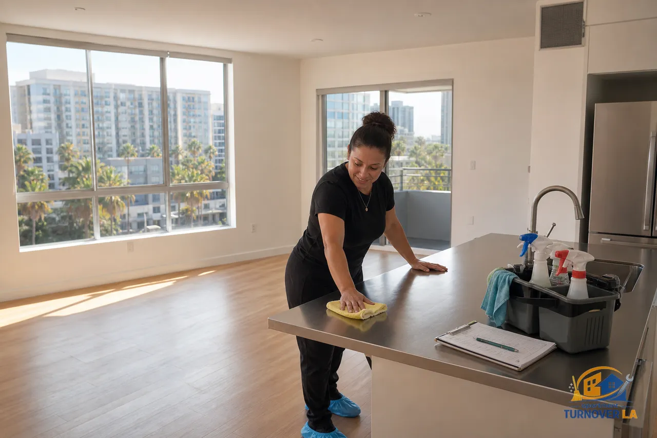 Empty LA apartment freshly cleaned for move-out, hardwood floors, white walls, and a pro cleaner finishing the kitchen surfaces