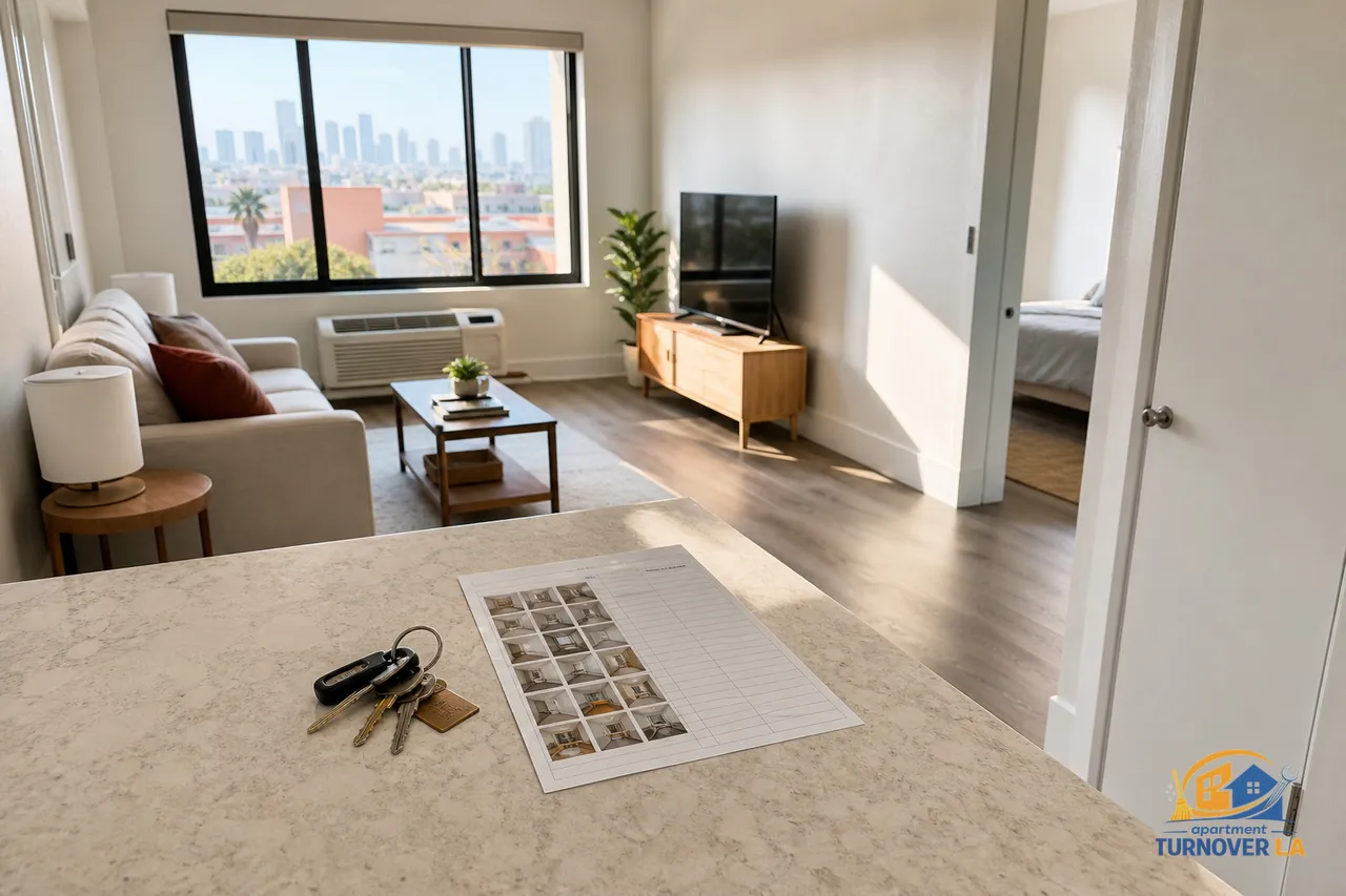 Freshly cleaned LA apartment living room with detailed floors, clean baseboards, and a turnover photo report on the counter