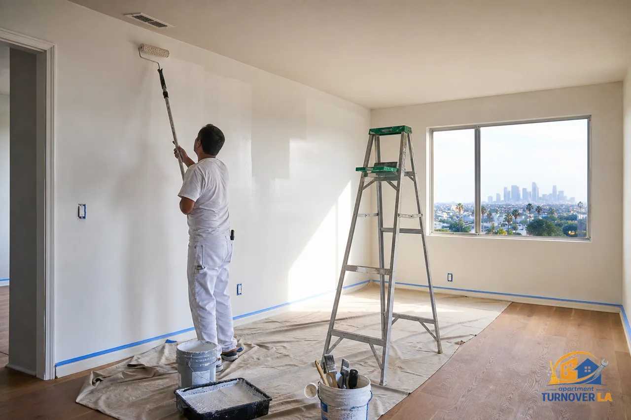 Los Angeles apartment living room repaint in progress with drop cloths, rollers, and taped baseboards, showing professional apartment painting detail