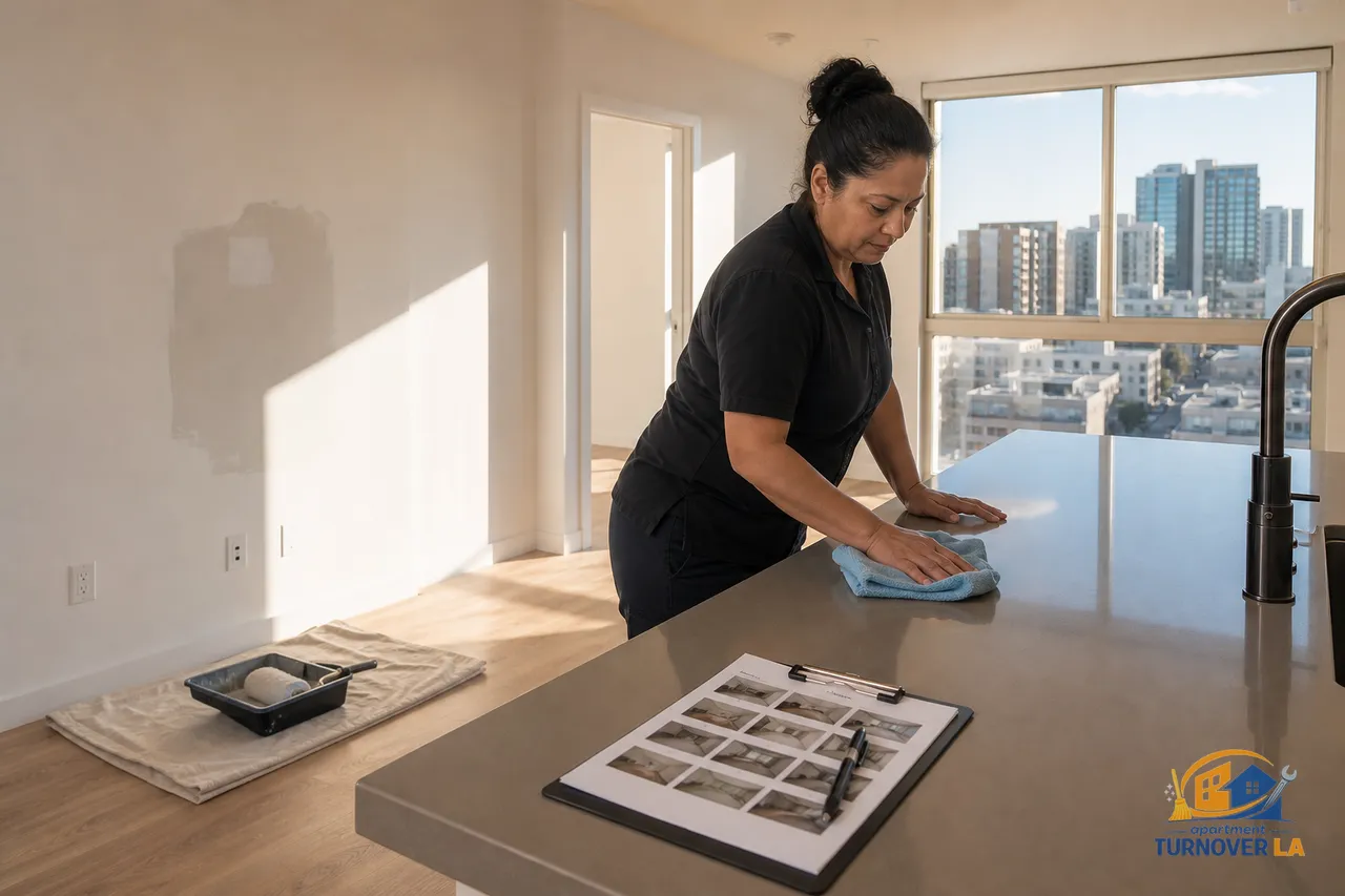 Los Angeles apartment make ready in progress with cleaning and minor paint prep, kitchen staged with a photo report clipboard and Koreatown skyline outside