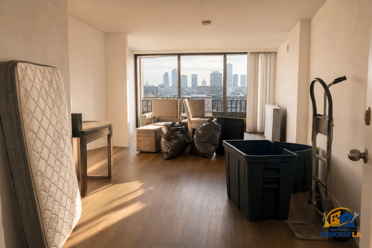Los Angeles apartment cleanout scene with bagged trash, mattress, and TV ready for junk removal during a turnover in a Koreatown mid-rise