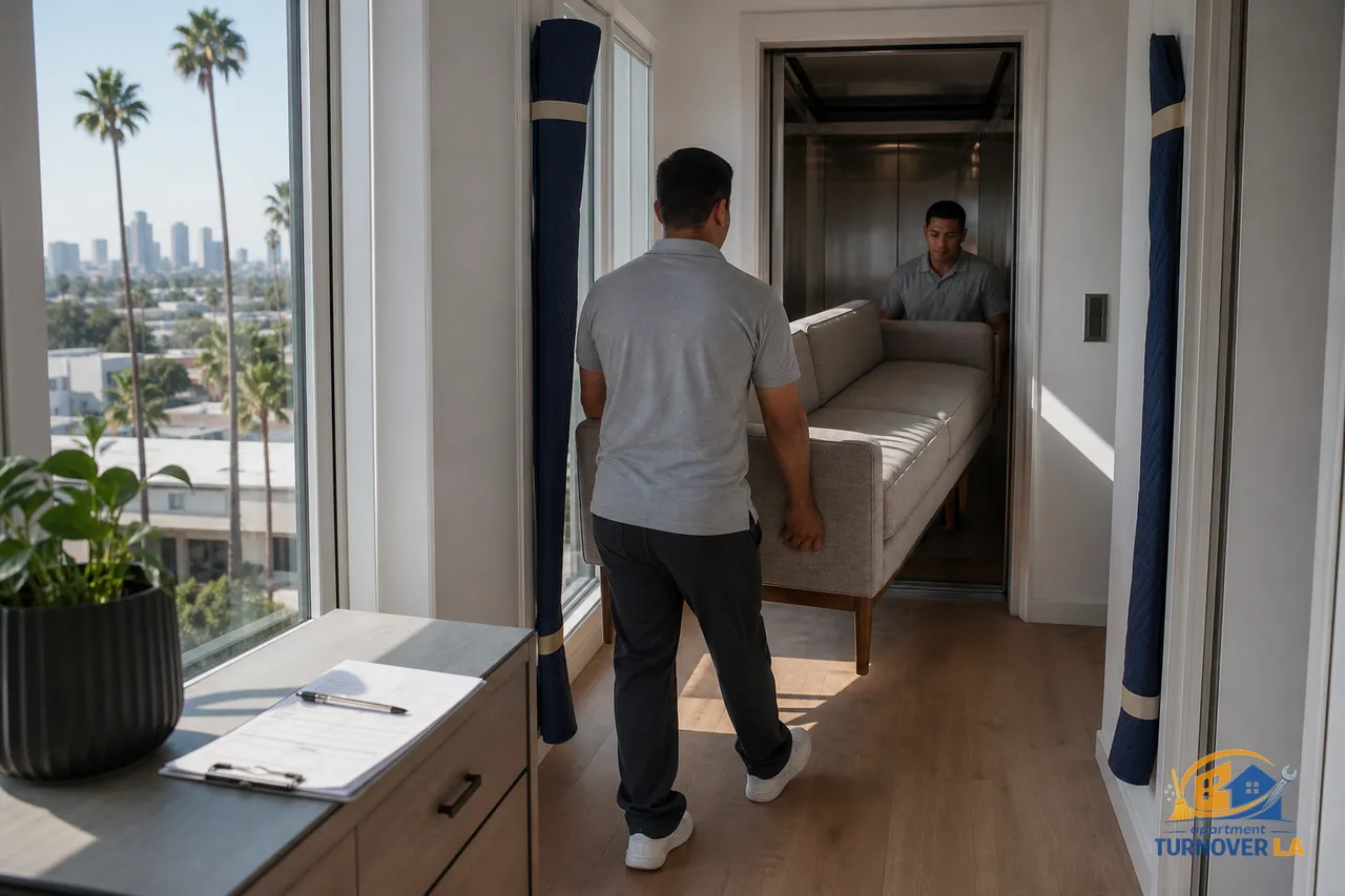 Movers removing a sofa from a West Hollywood apartment hallway with elevator pads and a COI clipboard, showing professional furniture removal in LA