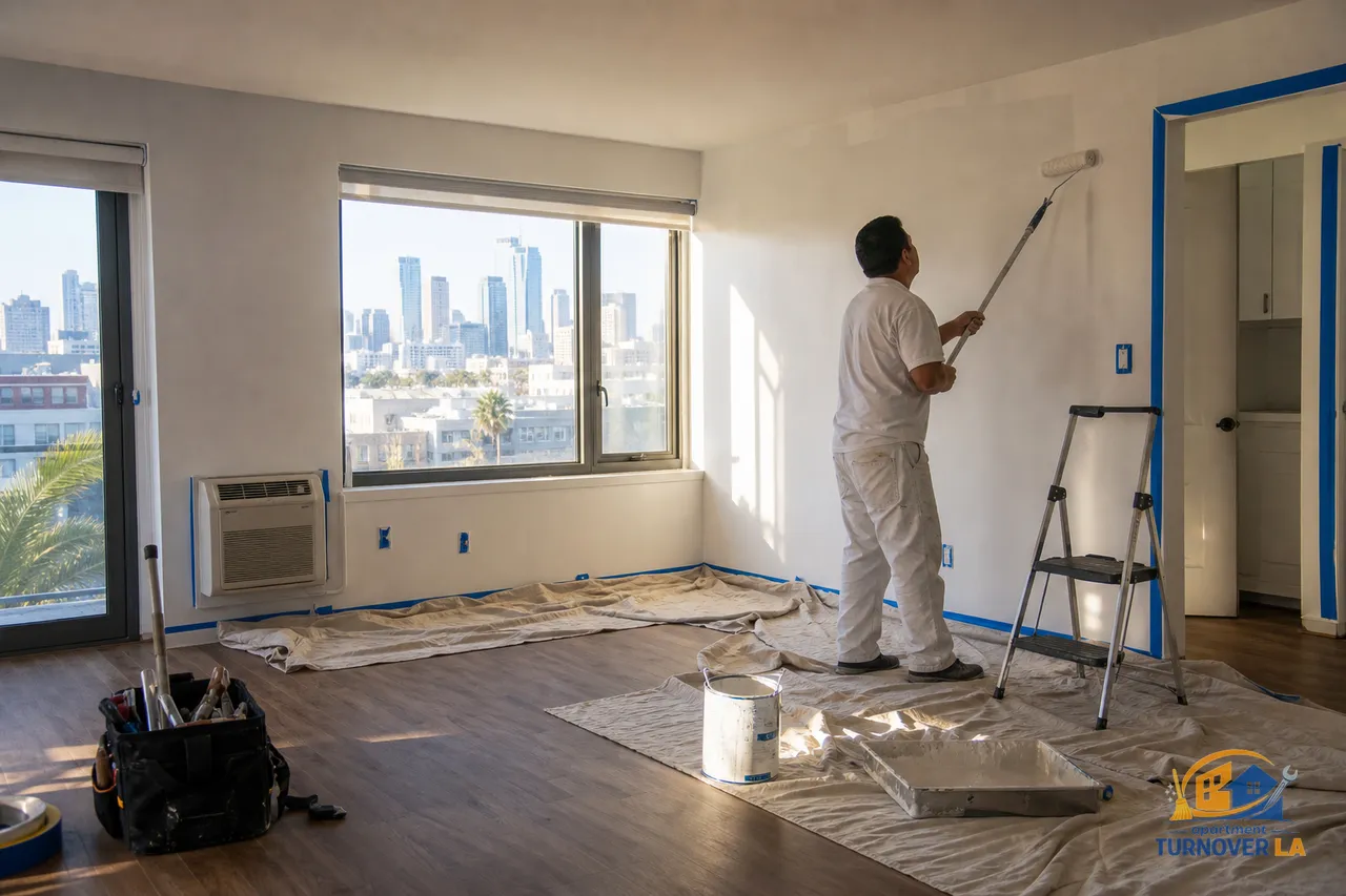 Los Angeles apartment living room mid repaint with neutral walls, blue tape on baseboards, and a roller tray, showing a typical LA painting job setup