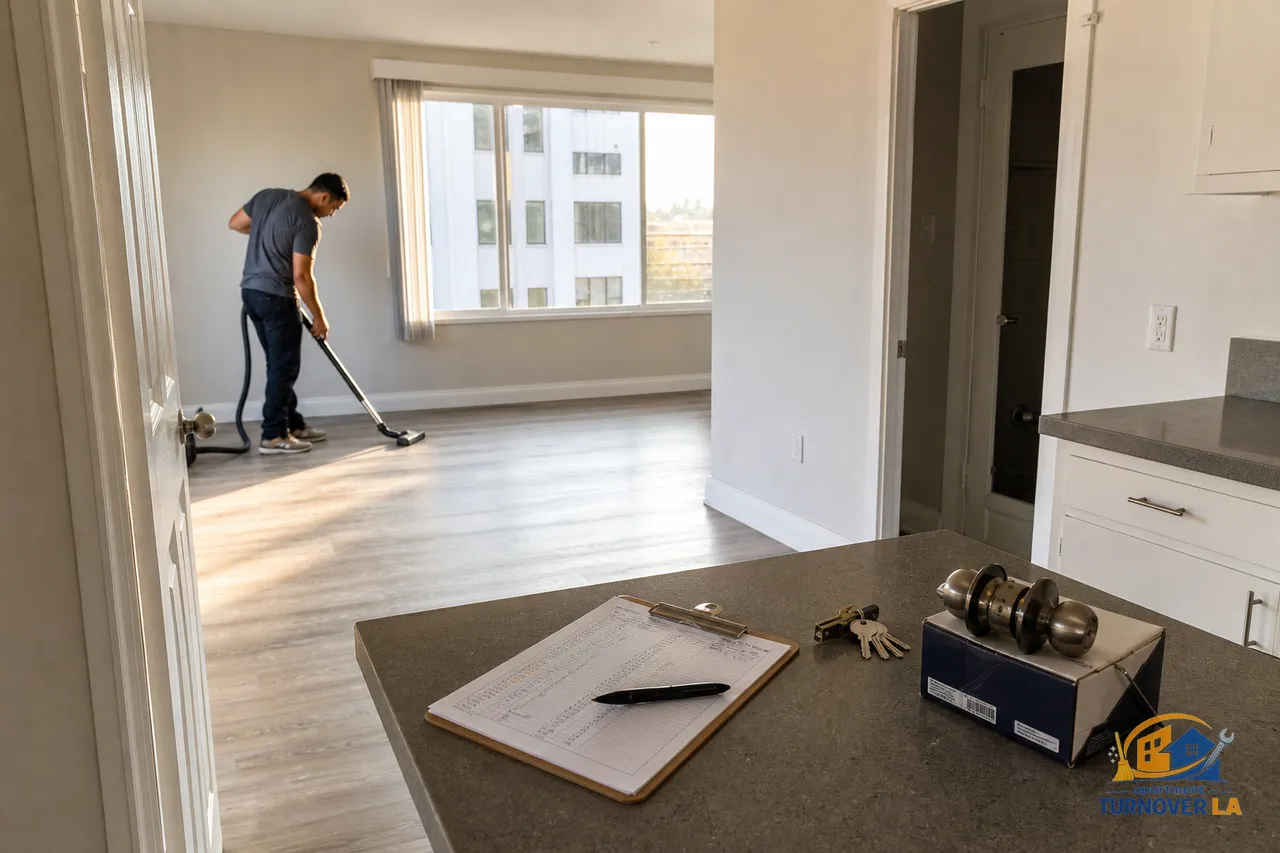 Empty LA apartment during tenant turnover with cleaning gear, paint cut-ins, and new lockset ready for rekey in a Koreatown one-bedroom