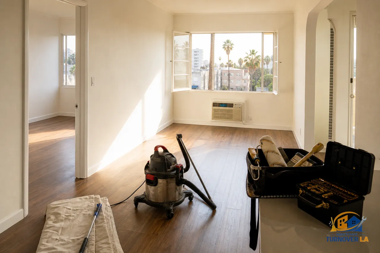 Empty Koreatown apartment during turnover with fresh paint, cleaning tools, and a locksmith kit visible, showing a Los Angeles make ready in progress