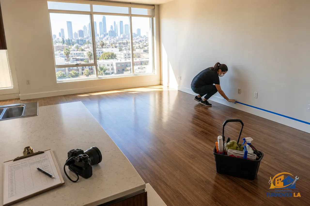 LA apartment living room during turnover cleaning with checklist and cleaning caddy, Koreatown context, showing cleaning services Los Angeles prices topic