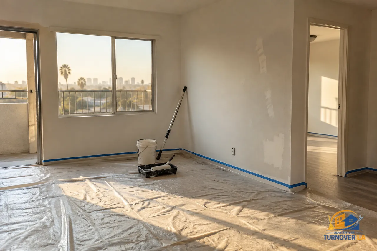 Vacant LA apartment prepared for rental repainting with masked trim and repaired wall