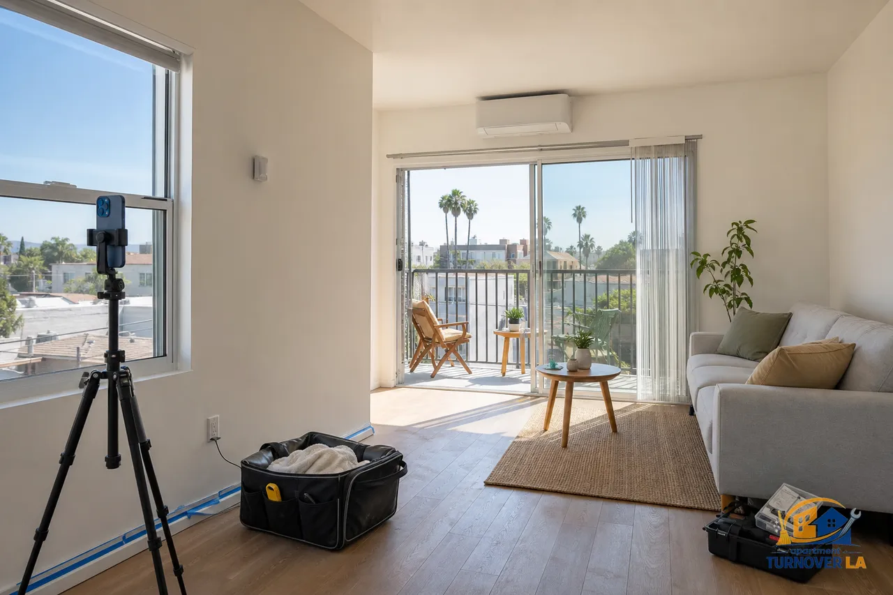 LA apartment living room staged for rental listing photography with smartphone on tripod and natural light, ready for free DIY photos