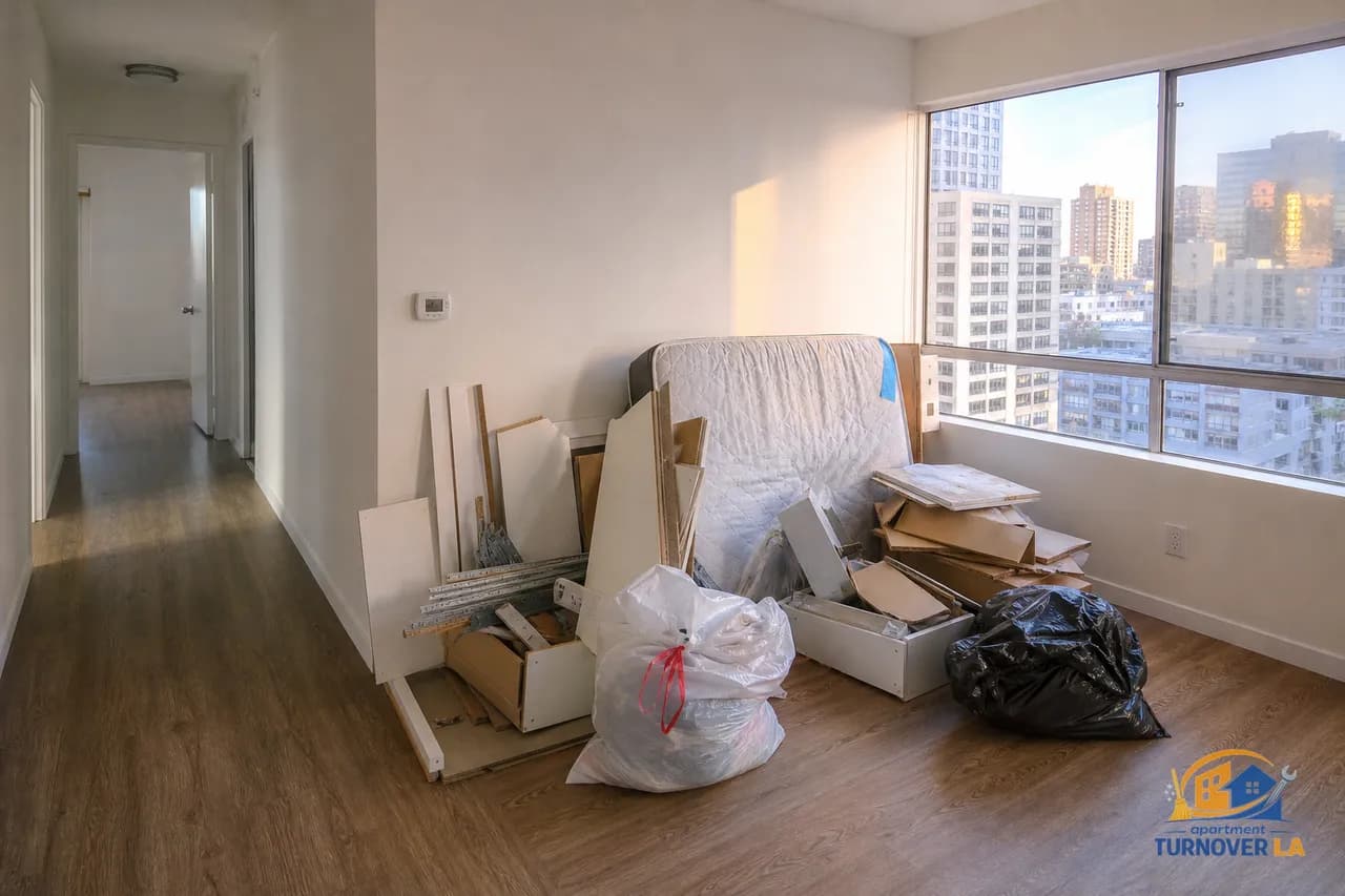 Los Angeles apartment move-out with stacked junk, mattress, and boxes staged for removal in a Koreatown one-bedroom unit
