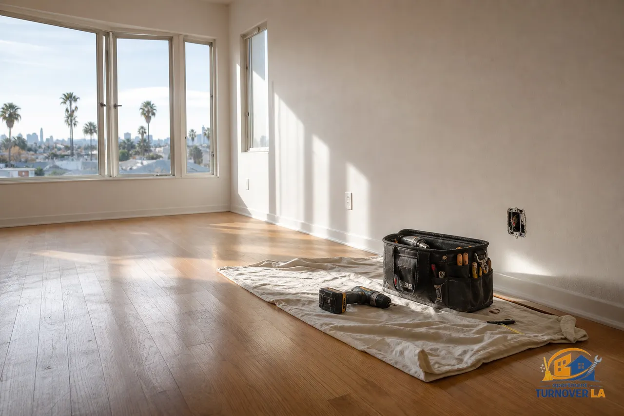 Unfurnished LA apartment during a handyman visit with tools on a drop cloth and palm trees outside, showing rental repair work