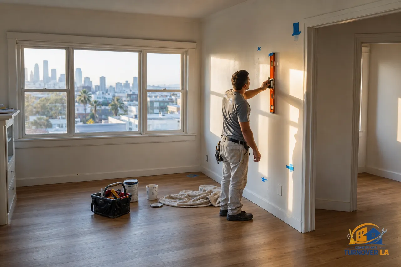 Licensed handyman measuring a finished drywall patch in a Koreatown Los Angeles apartment during a turnover repair job