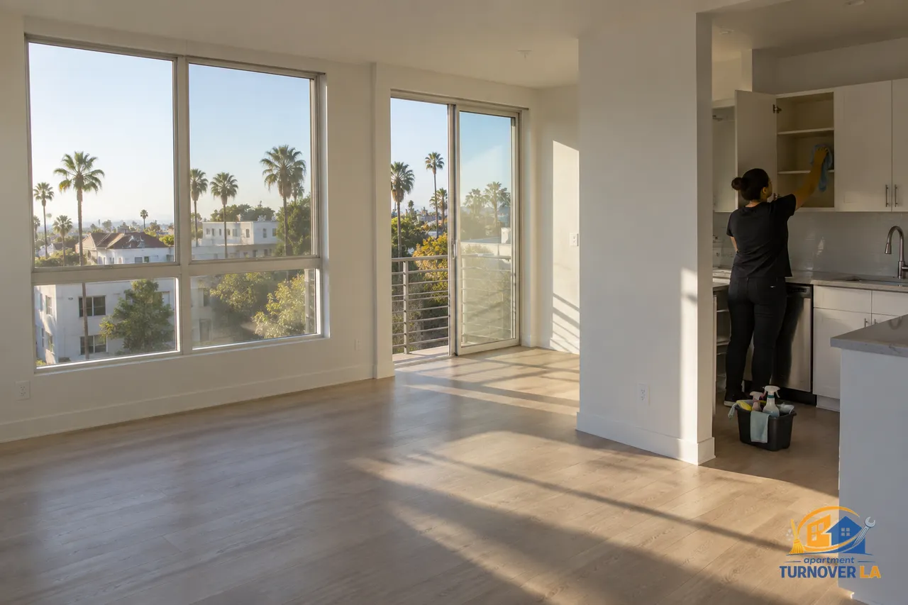 Vacant Los Angeles apartment receiving detailed move-out cleaning before a new tenant