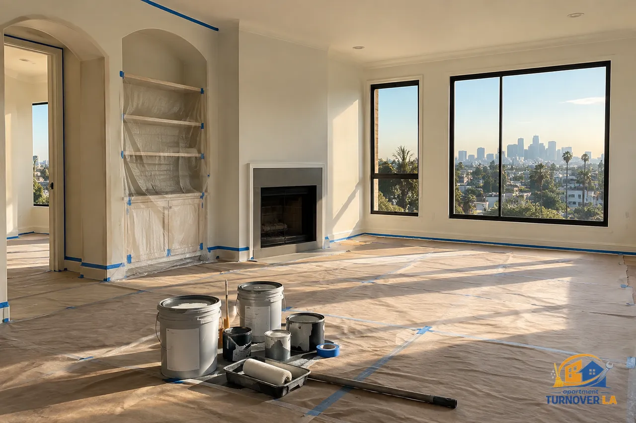 Luxury apartment painting turnover with protected floors in a Los Angeles living room