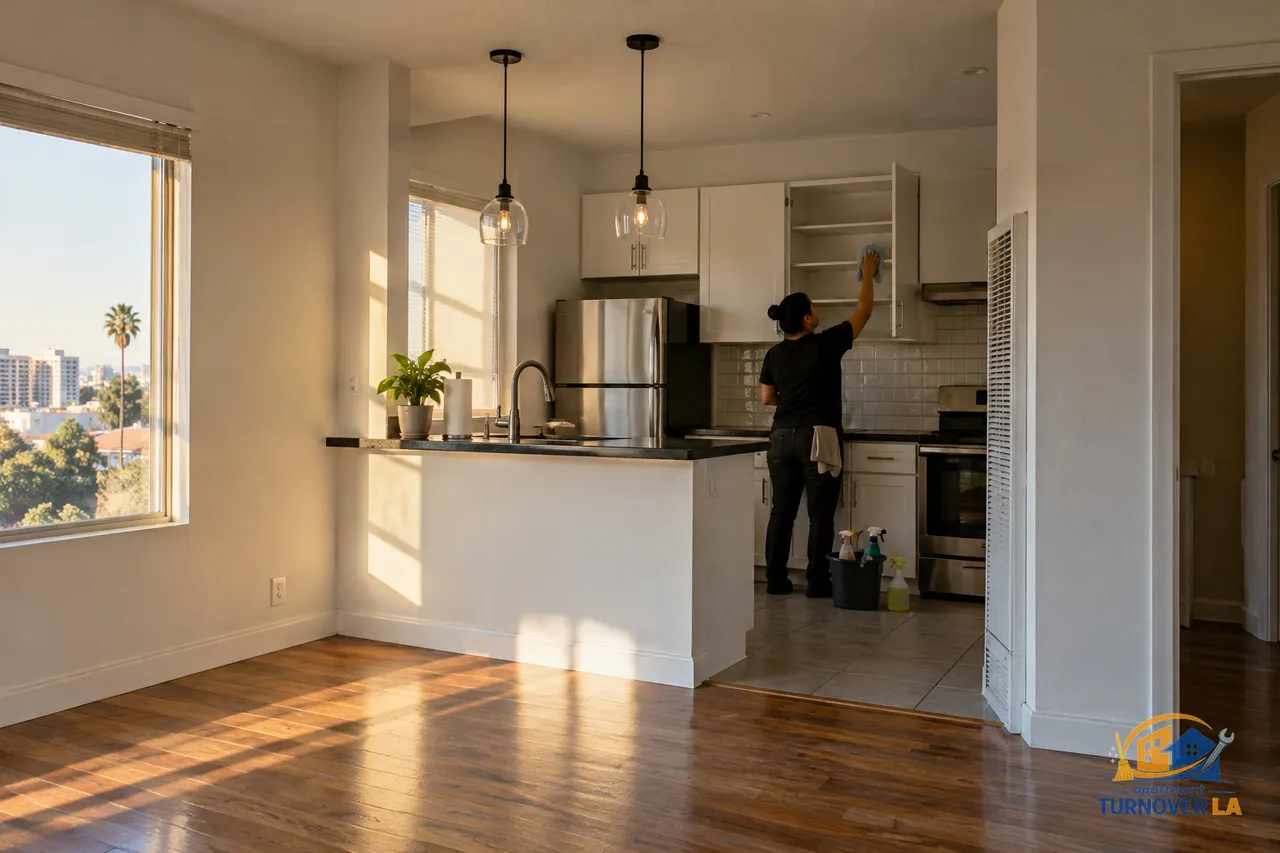 Deep cleaning Los Angeles apartment kitchen and living room before a new tenant move-in