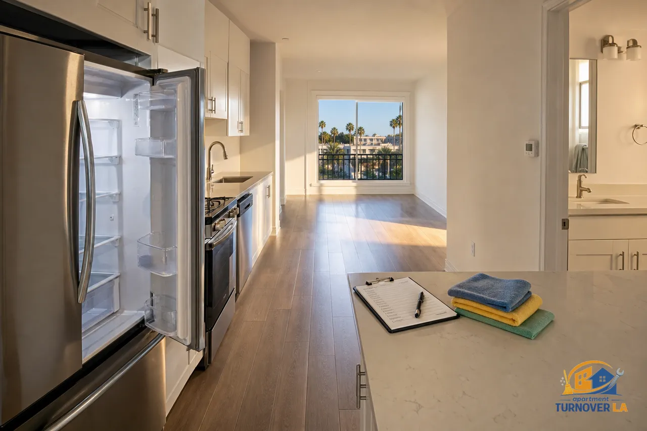 Freshly cleaned 700 sq ft LA apartment with spotless kitchen and hardwoods, ready for turnover cleaning inspection