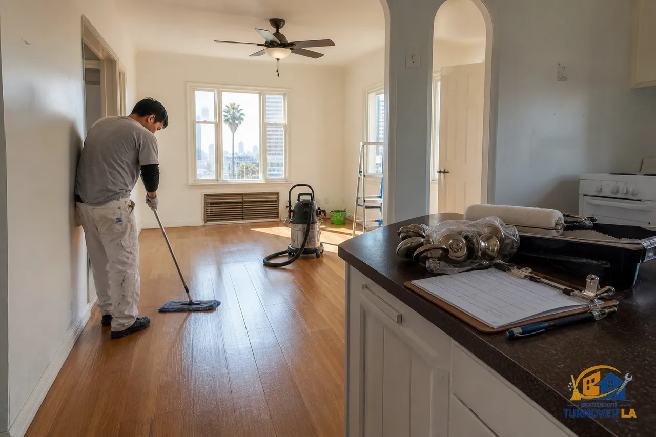 LA apartment turnover crew prepping a Koreatown 1BR with deep cleaning tools and paint touch-up supplies for listing media