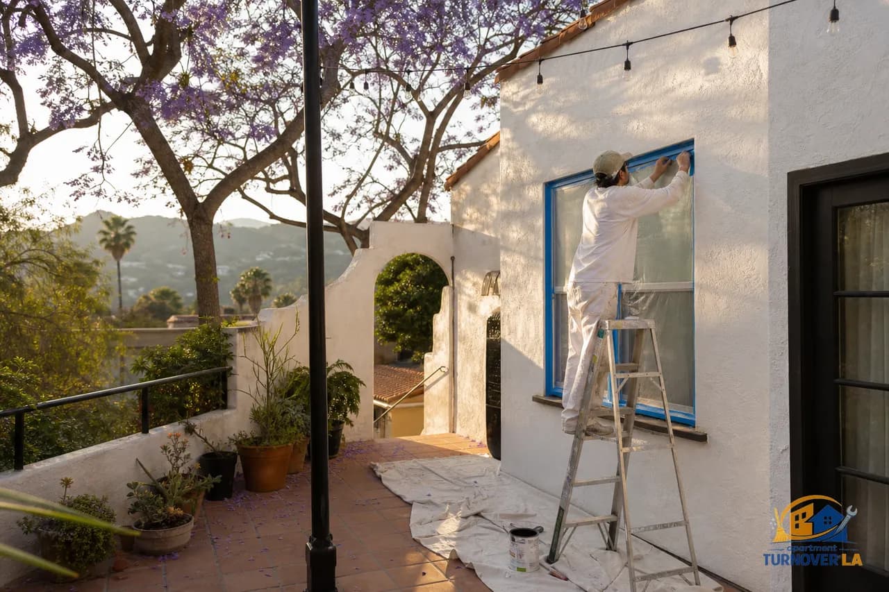 Painter masking a stucco window on a Silver Lake Spanish duplex exterior in Los Angeles during an exterior house painting project