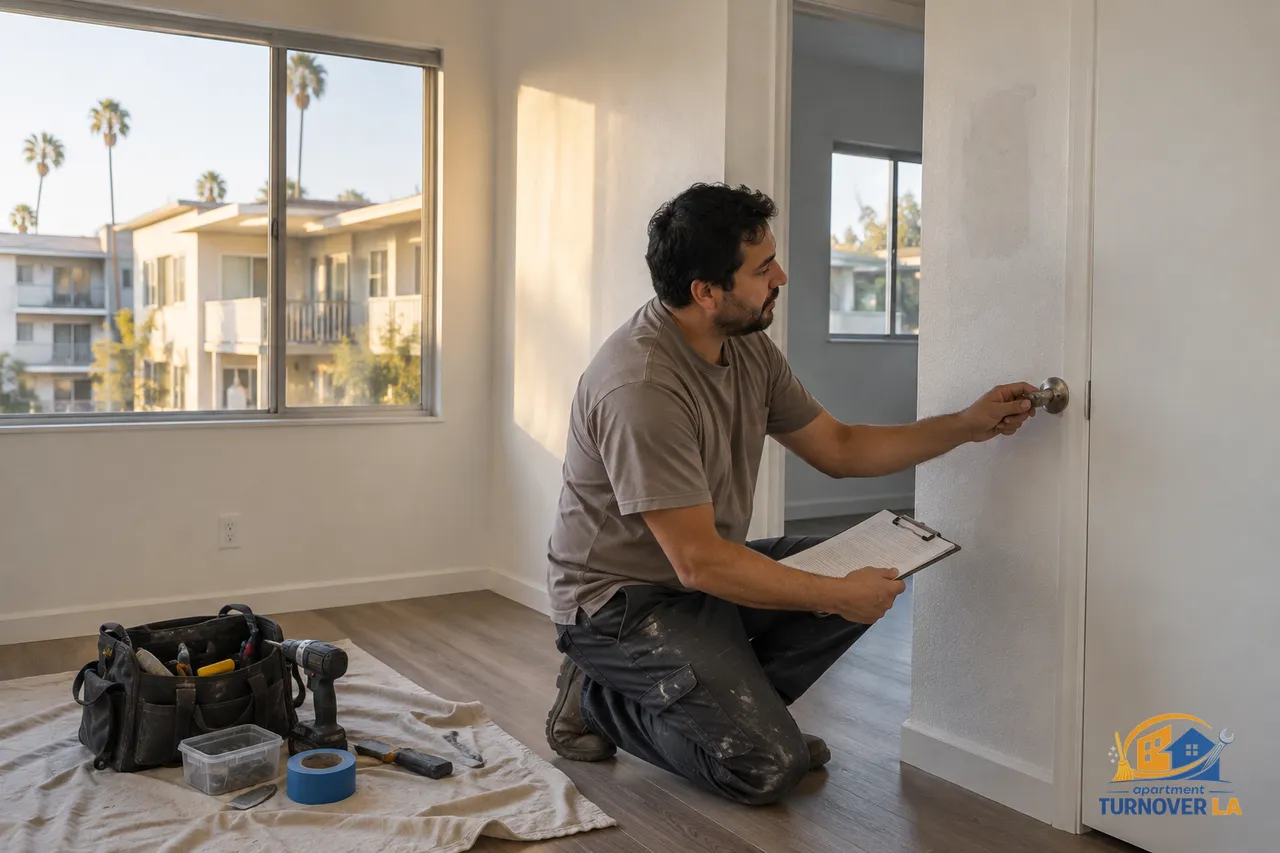 Los Angeles handyman completing a vacant apartment repair punch list before leasing