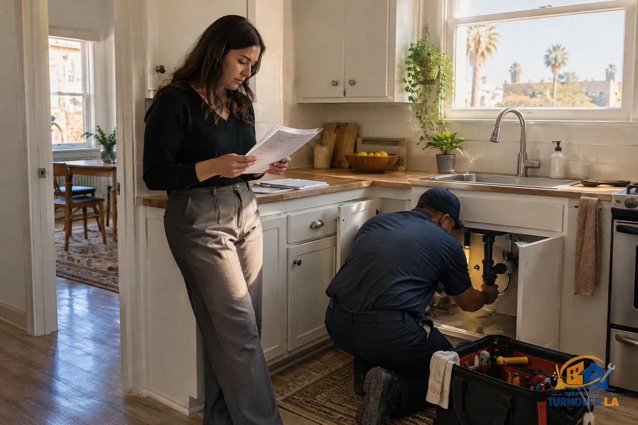 Los Angeles apartment maintenance visit for a reported kitchen sink leak