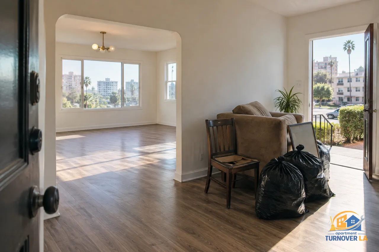 LA 311 bulky item pickup staging for furniture outside a vacant Koreatown apartment