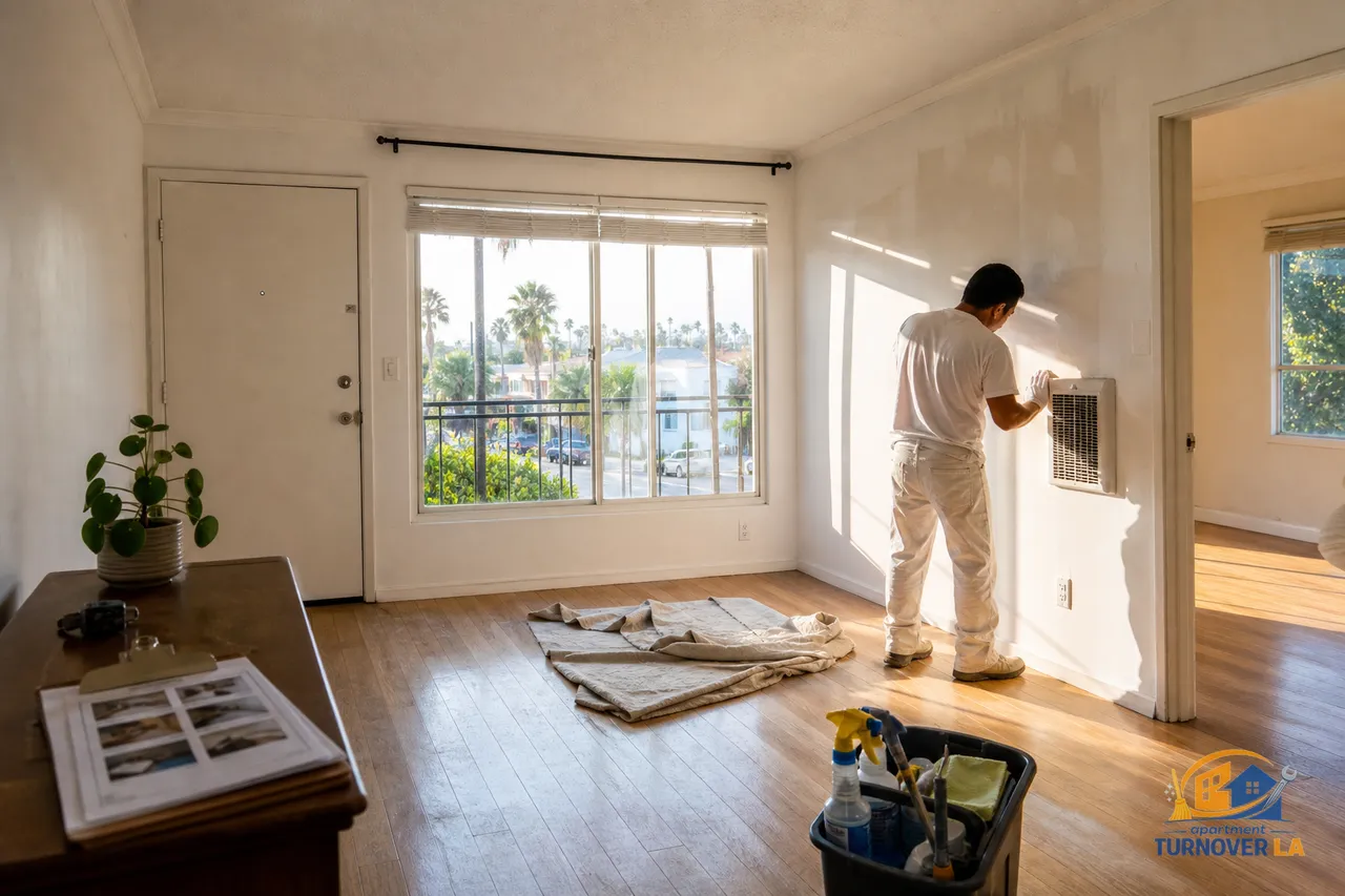 LA apartment living room during turnover with supplies, paint prep, and a photo checklist visible, showing rent-ready make ready work in progress