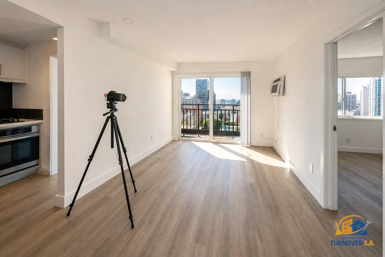 Clean Koreatown LA rental living room set for listing photos with tripod and natural light, showing freshly painted walls and turnover readiness