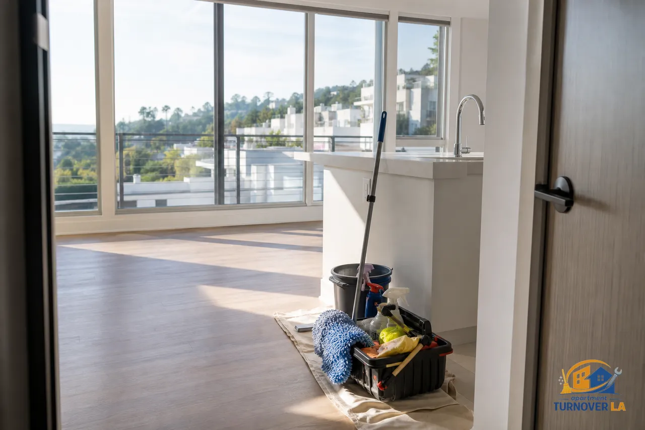 Freshly deep cleaned LA apartment living room in West Hollywood with gleaming floors and spotless trim ready for listing photos