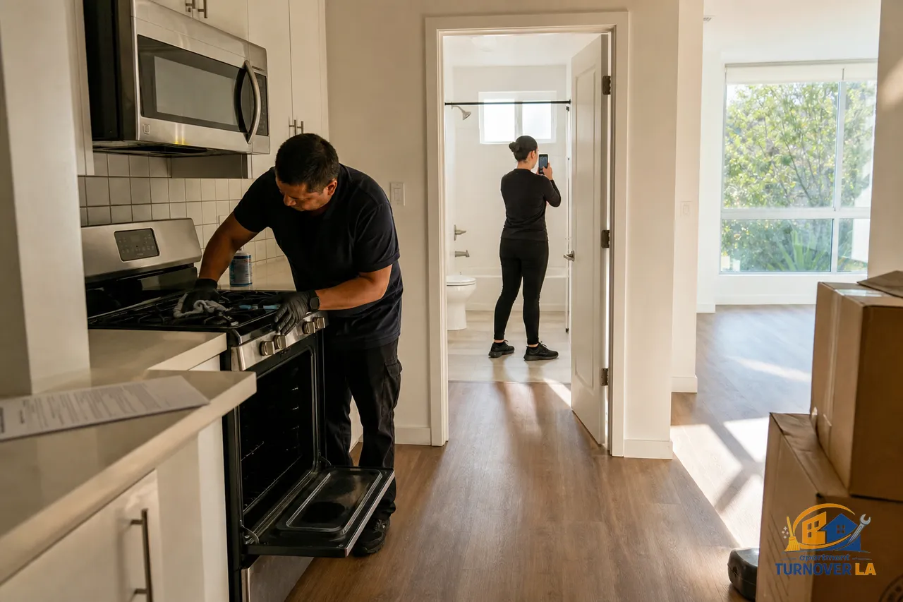 Empty LA apartment during move-out cleaning with stove detailing, baseboards wiped, and photo documentation for deposit deductions