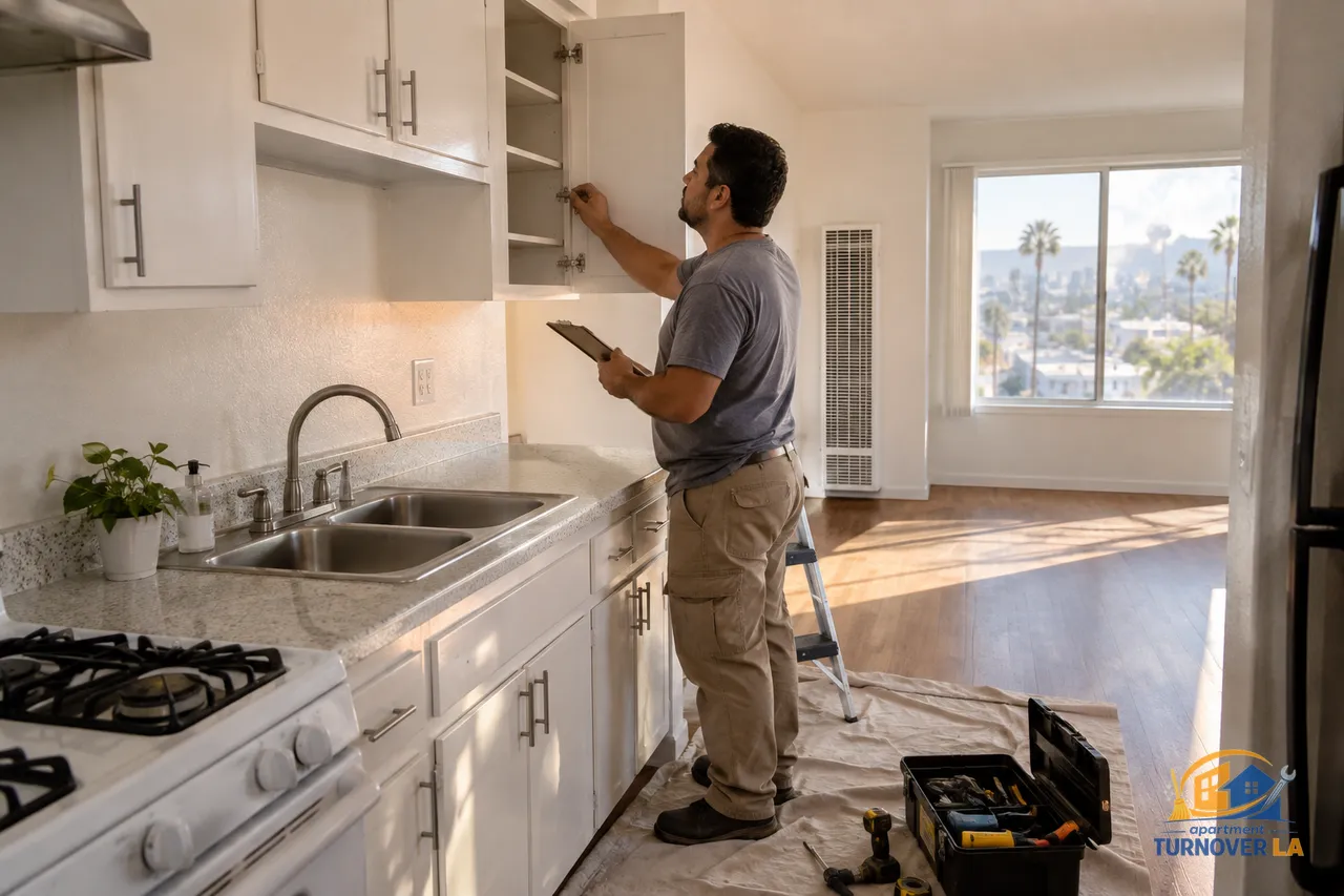 Apartment handyman inspecting a cabinet repair in a vacant Los Angeles rental unit