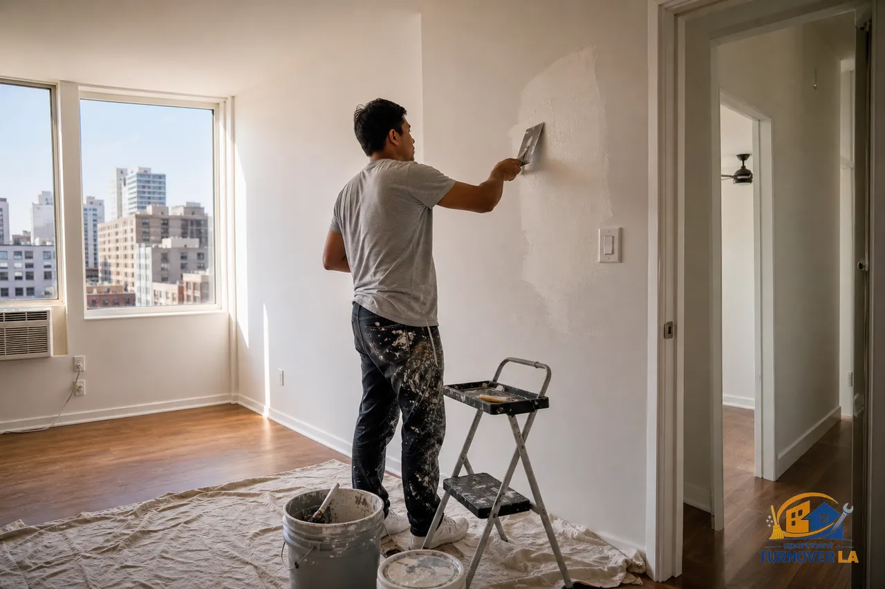 Drywall patch and texture in a Koreatown LA apartment living room with paint touch-up tools staged for a fast turnover