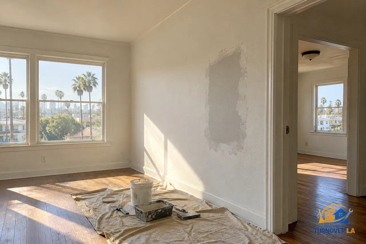 Fresh drywall patch ready for paint in a vacant Los Angeles rental living room