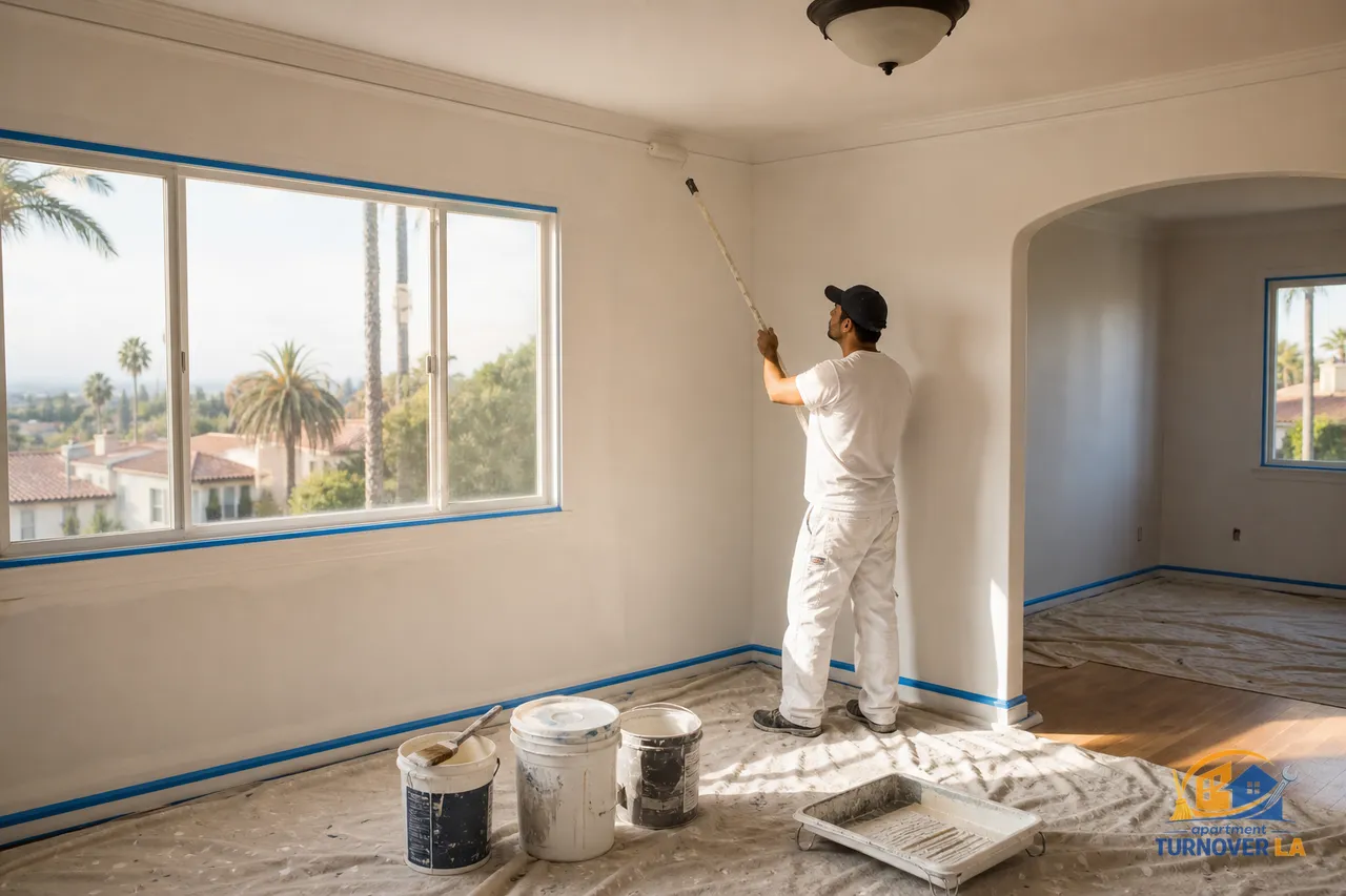 Los Angeles living room mid repaint with drop cloths, painter’s tape, and fresh wall color, showing interior painting in progress