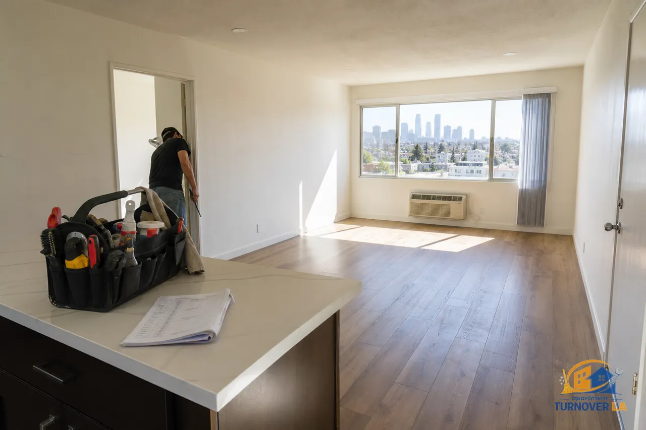 Freshly cleaned LA apartment living room with staged tools, wood floors, and skyline view, illustrating make ready cost context
