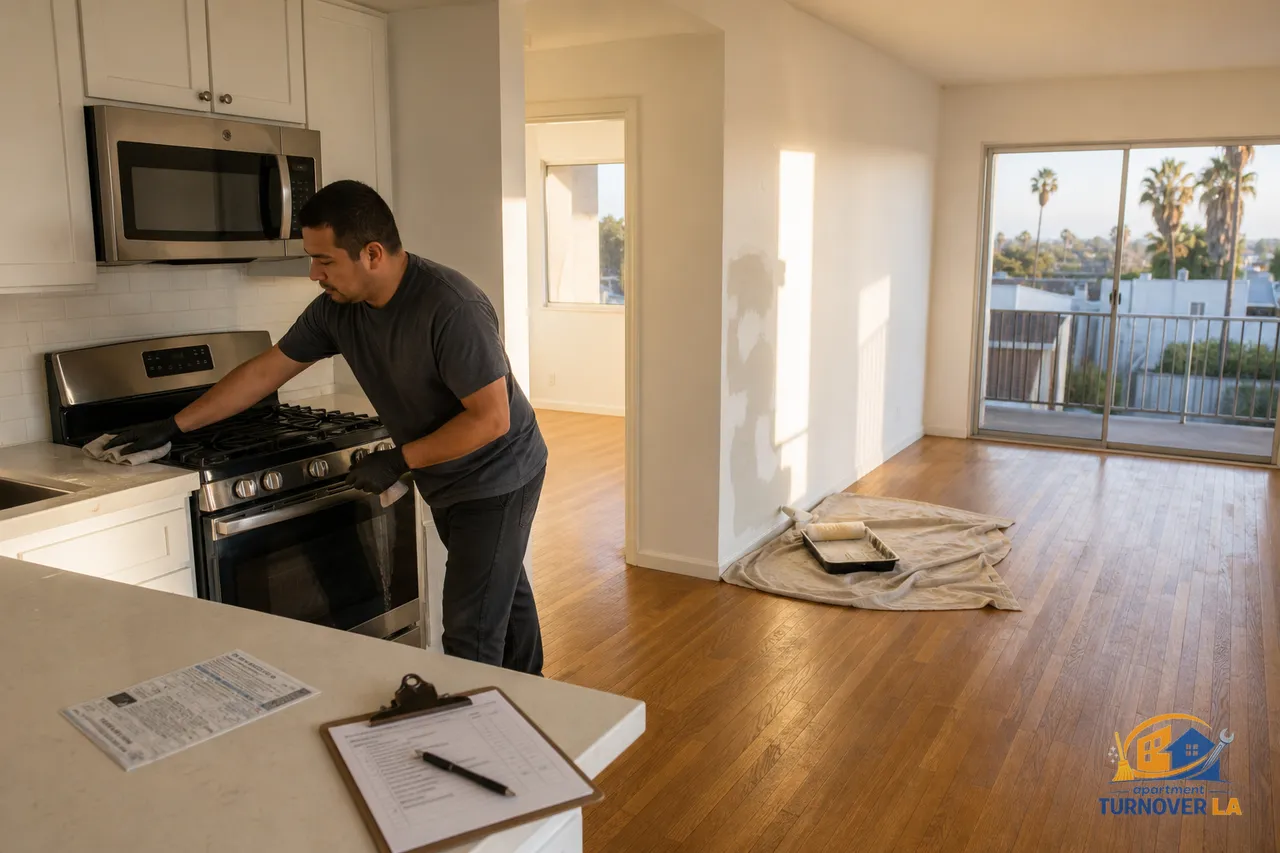 Freshly cleaned LA apartment kitchen and living room with paint tools and a turnover checklist during an apartment make ready