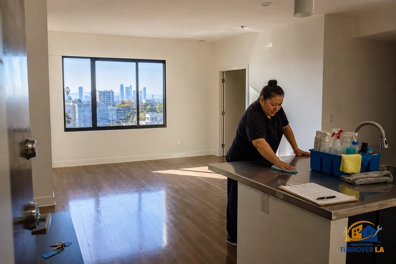 Freshly cleaned empty LA apartment kitchen and living room with hardwood floors and cleaner’s checklist, showing move out cleaning results
