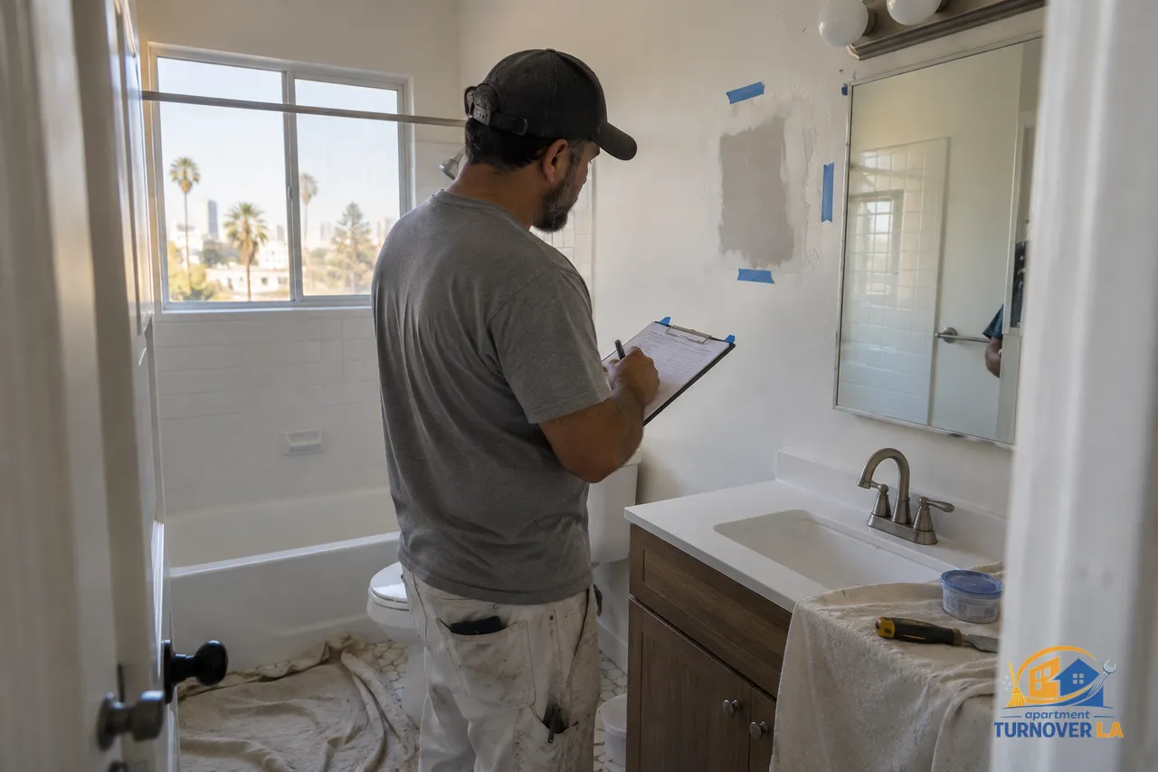 Handyman reviewing a small bathroom drywall repair in a Los Angeles apartment turnover
