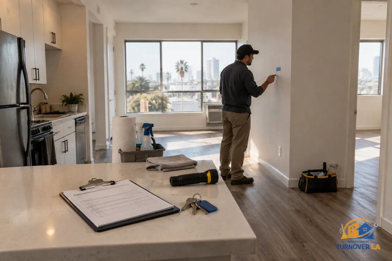 LA apartment make ready maintenance checklist beside keys and repair supplies
