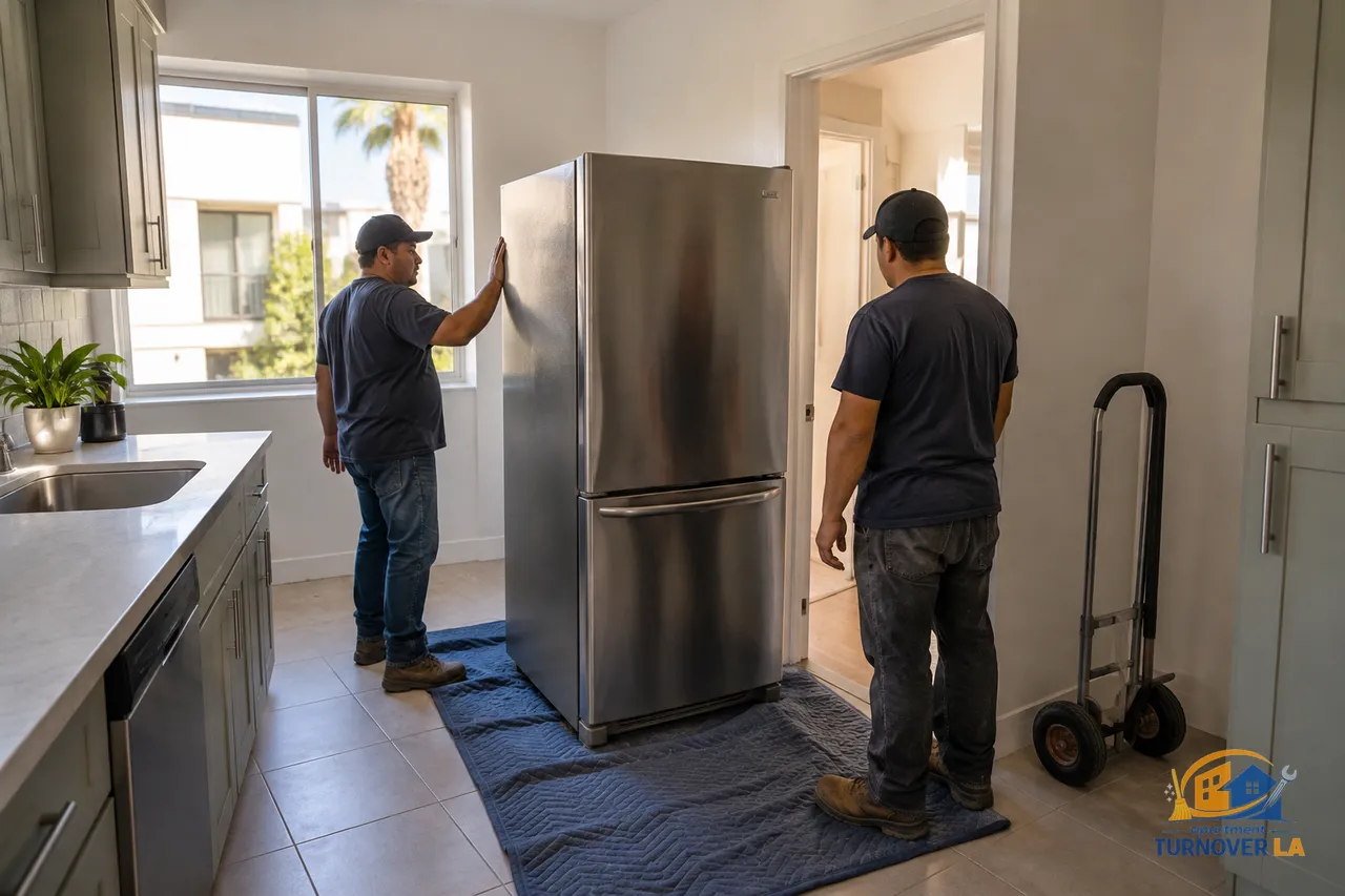 Refrigerator staged for removal from a vacant Los Angeles apartment kitchen