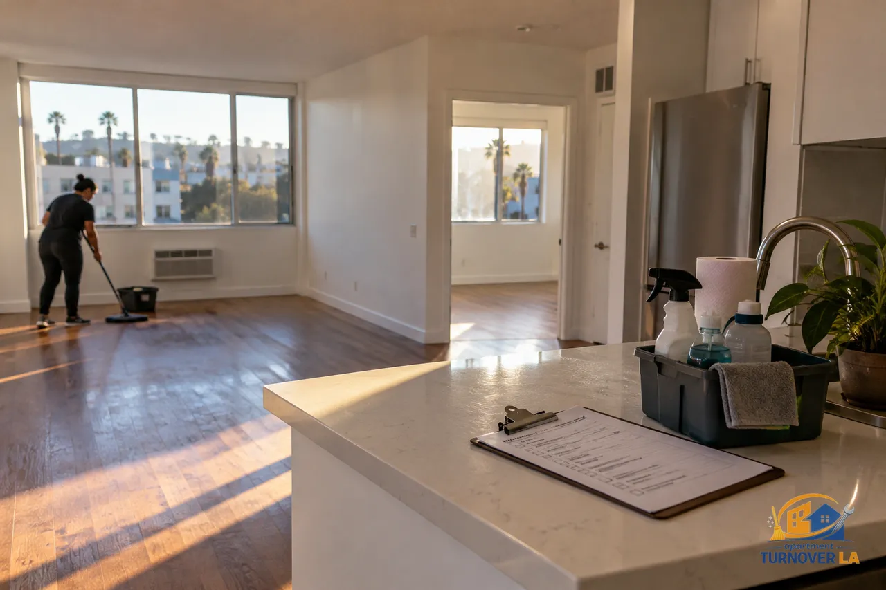 Apartment cleaning checklist on a kitchen counter during an LA rental turnover