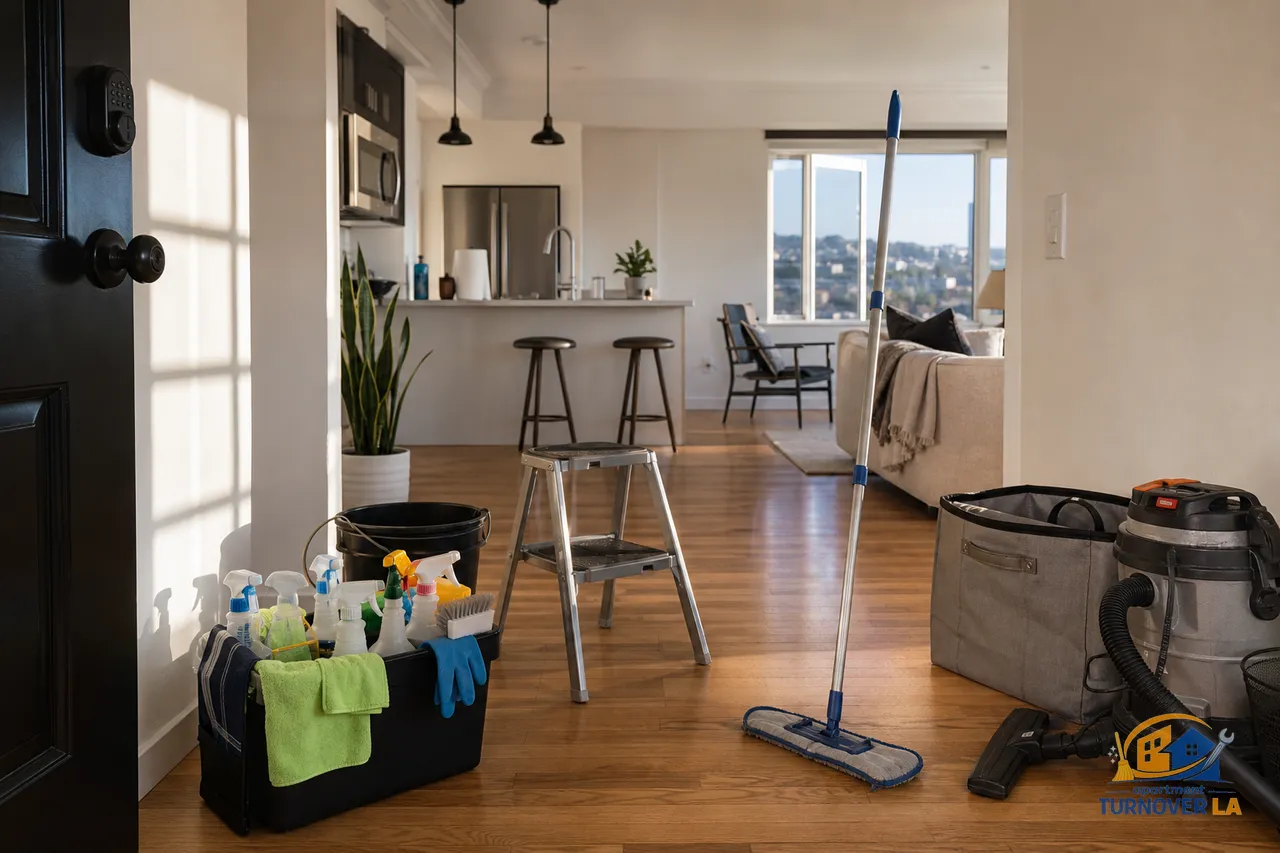 Staged turnover cleaning kit in a West Hollywood apartment kitchen with hardwood floors and white walls, ready for a deep clean