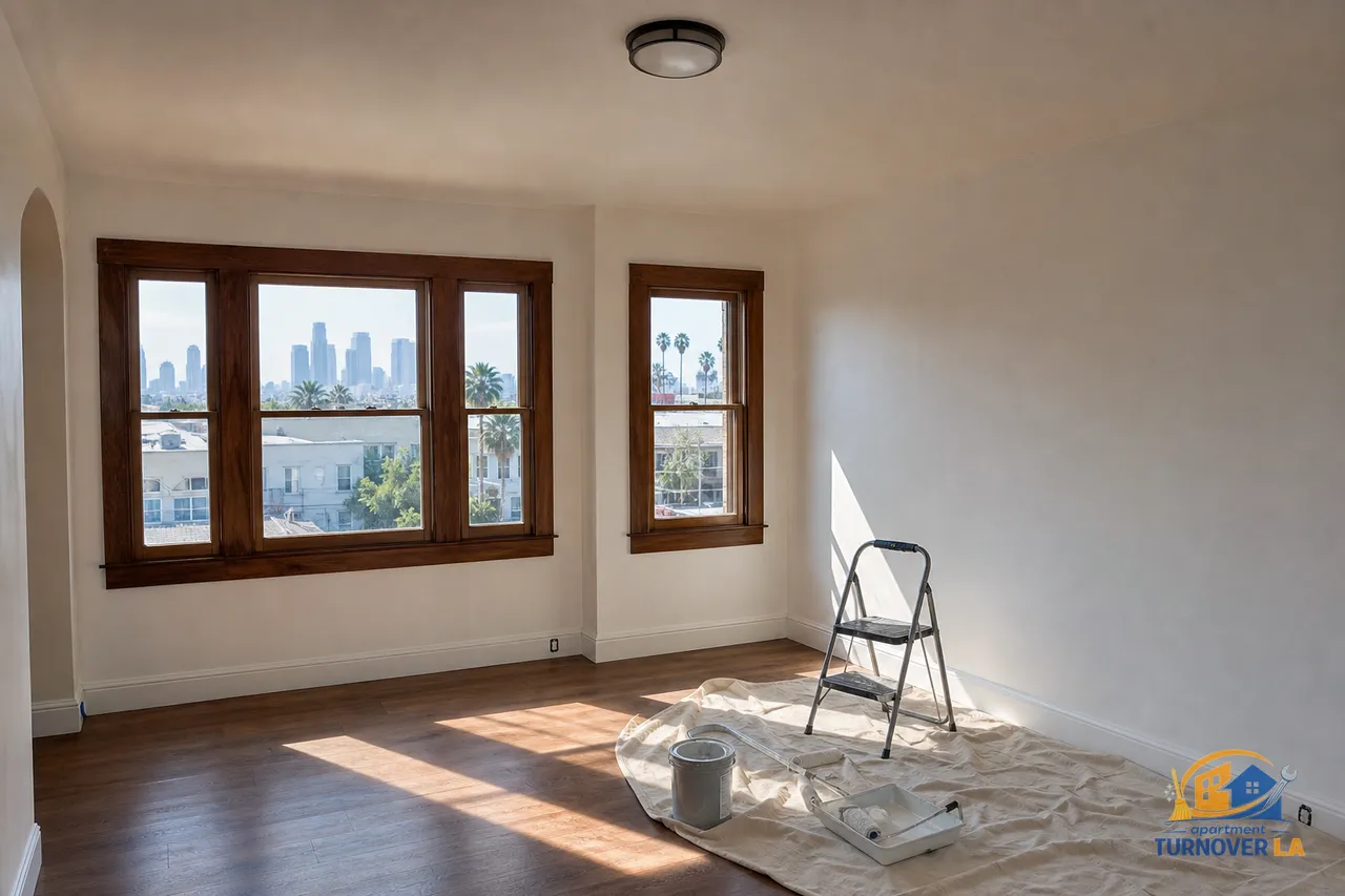 Freshly painted LA living room with eggshell walls and bright white trim, roller and drop cloths staged for a DIY interior repaint