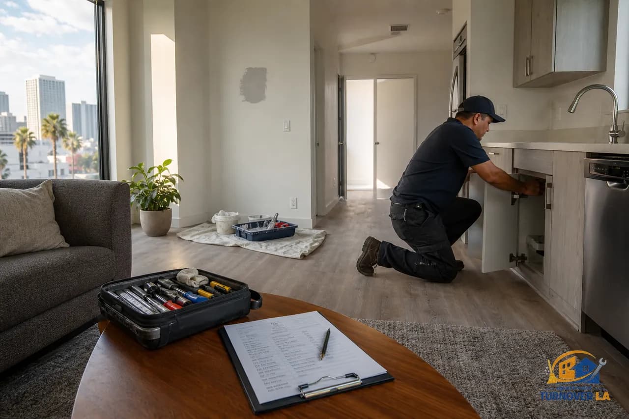Los Angeles apartment handyman completing a turnover punch list with tools, cabinet hinge fix, and paint touch-up setup in a Koreatown unit