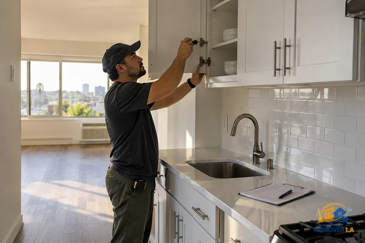 Small apartment handyman checks a kitchen cabinet during an LA rental turnover