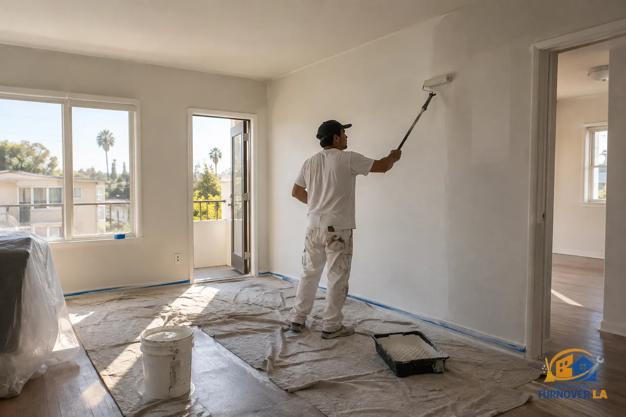 LA apartment painting crew rolling a vacant living room wall during turnover
