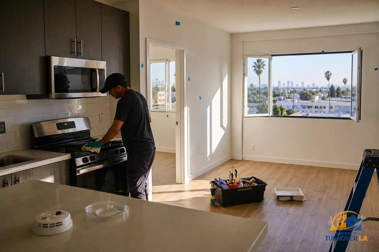 LA apartment make ready scene with cleaner, paint touch ups, tools, and sunlight through a window during unit turnover